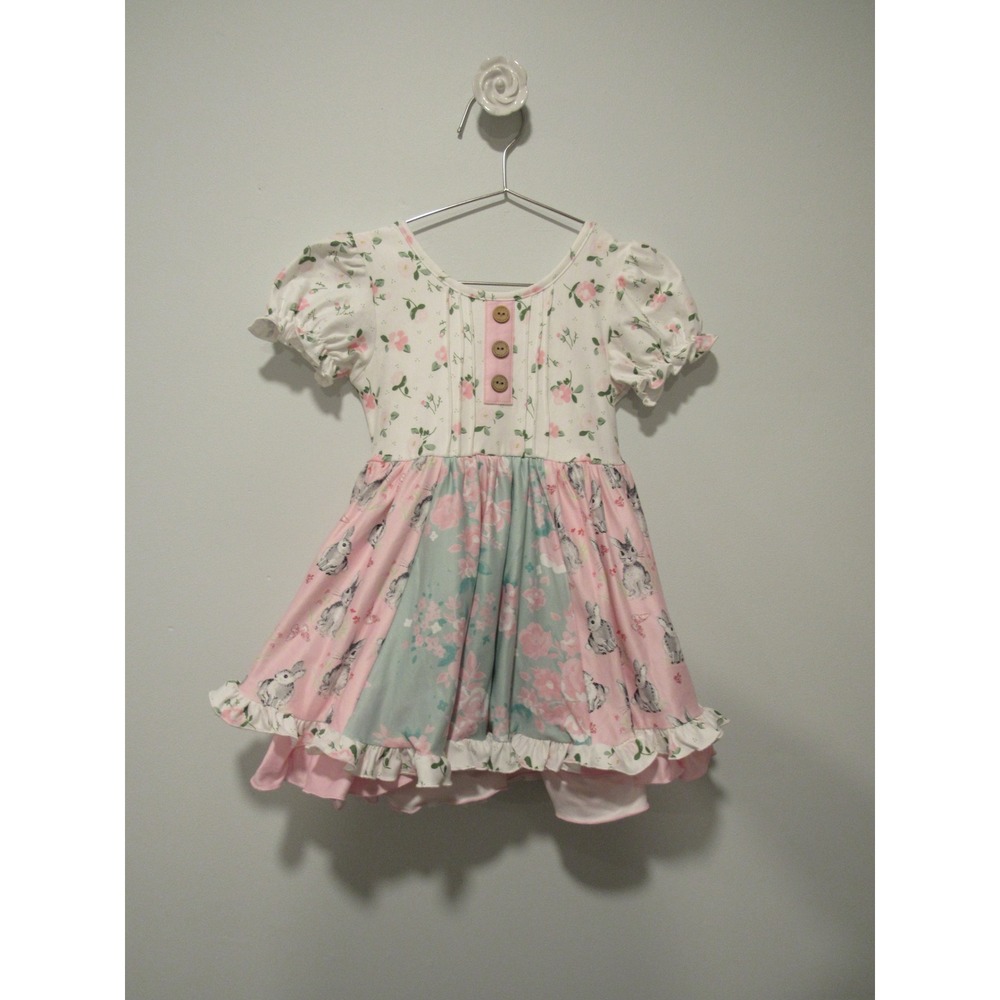 Cheeky Plum Girls 4T Floral Bunny Easter Dress Pink Blue Ruffle Twirly Preppy
